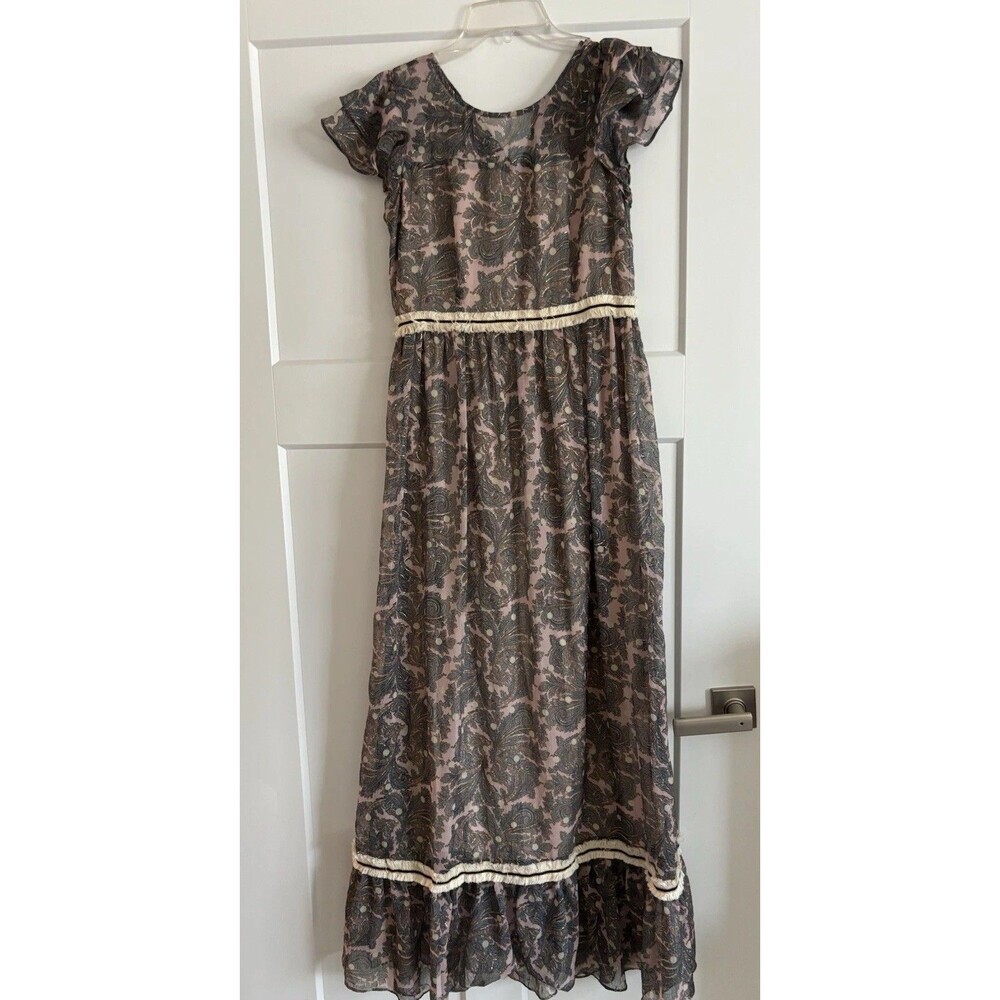 Traffic People Floral Boho Flutter Sleeve Lace Trim Maxi Dress Cottage Core Sz S